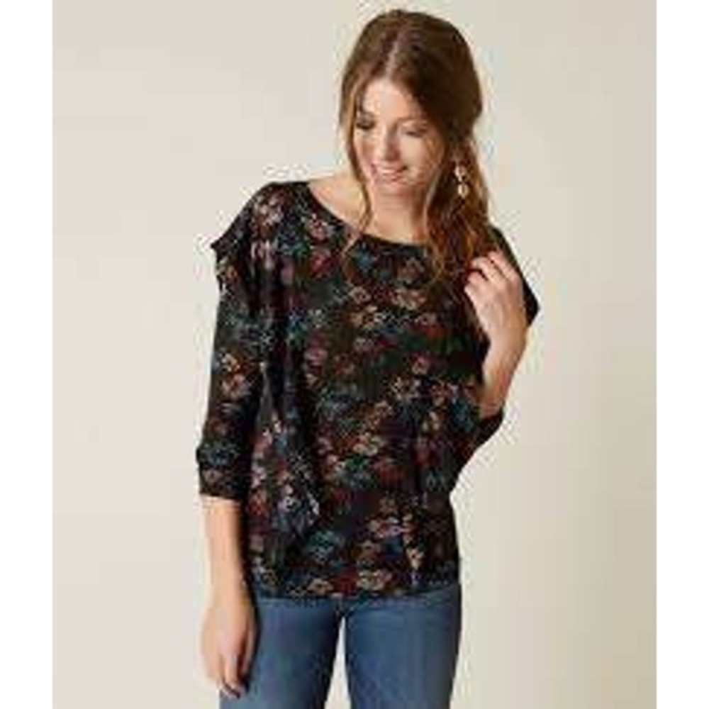 Free People Floral Keyhole Back Ruffle‎ Top Black 3/4 Sleeve Boho Blouse